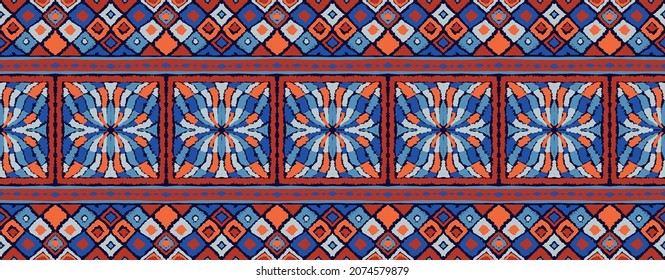 Ikat geometric folklore ornament with diamonds. Tribal ethnic vector texture. Seamless striped pattern in Aztec style. Folk embroidery. Indian, Scandinavian, Gypsy, Mexican, African rug.
