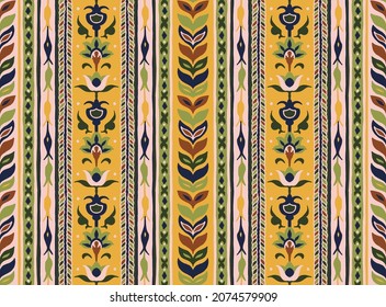 Ikat geometric folklore ornament with diamonds. Tribal ethnic vector texture. Seamless striped pattern in Aztec style. Folk embroidery. Indian, Scandinavian, Gypsy, Mexican, African rug.