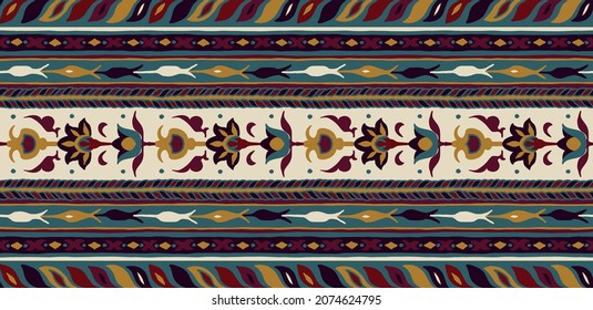 Ikat geometric folklore ornament with diamonds. Tribal ethnic vector texture. Seamless striped pattern in Aztec style. Folk embroidery. Indian, Scandinavian, Gypsy, Mexican, African rug.