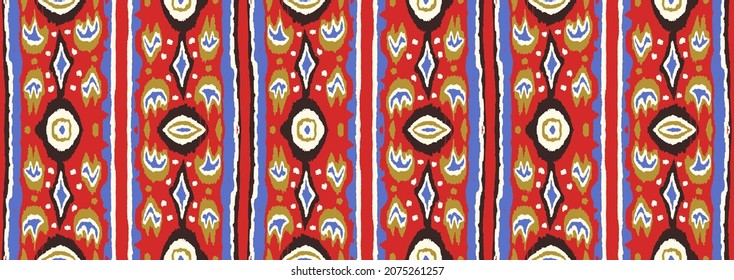 Ikat geometric folklore ornament with diamonds. Tribal ethnic vector texture. Seamless striped pattern in Aztec style. Folk embroidery. Indian, Scandinavian, Gypsy, Mexican, African rug.