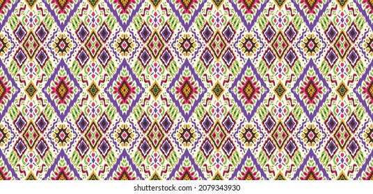 Ikat geometric folklore ornament with diamonds. Tribal ethnic vector texture. Seamless striped pattern in Aztec style. Folk embroidery. Indian, Scandinavian, Gypsy, Mexican, African rug.