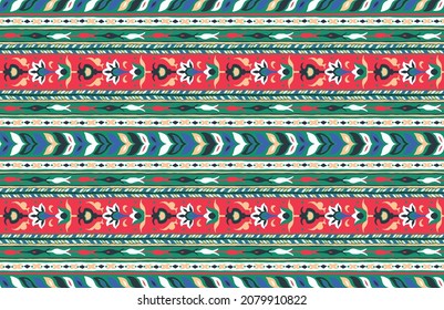 Ikat geometric folklore ornament with diamonds. Tribal ethnic texture. Seamless striped pattern in Aztec style. Folk embroidery. Indian, Scandinavian, Gypsy, Mexican, African rug.