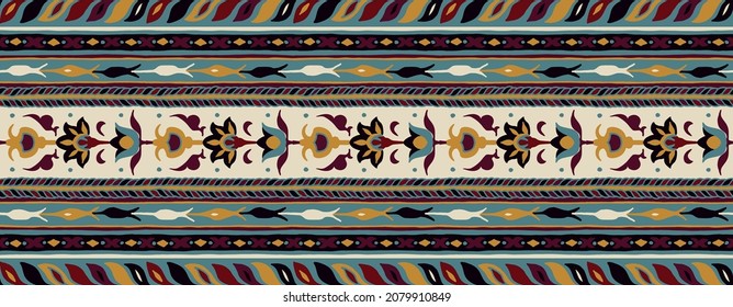 Ikat geometric folklore ornament with diamonds. Tribal ethnic texture. Seamless striped pattern in Aztec style. Folk embroidery. Indian, Scandinavian, Gypsy, Mexican, African rug.