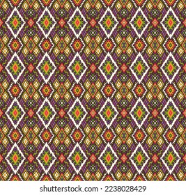 Ikat geometric folklore ornament with diamonds. Tribal ethnic vector texture. Seamless striped pattern in Aztec style. Folk embroidery. Indian, Scandinavian, Gypsy, Mexican, African rug.