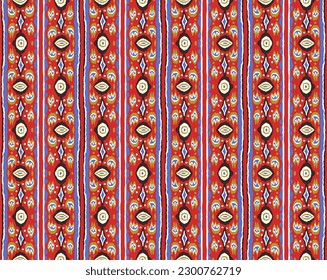 Ikat geometric folklore ornament with diamonds. Tribal ethnic vector texture. Seamless striped pattern in Aztec style. Folk embroidery. Indian, Scandinavian, Gypsy, Mexican, African rug.