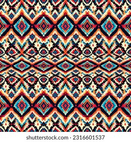 Ornamento de folclore geométrico Ikat con diamantes. Textura vectorial étnica tribal. Patrón de rayas sin foco al estilo azteca. bordado popular, escandinavo, gitano, alfombra africana.