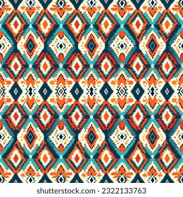 Ikat geometrische Folklore-Ornament mit Diamanten. Stammesethnische Vektorstruktur. Nahtloses gestreiftes Muster im Stil von Aztec. Folkstickerei. Indischer, skandinavischer, Zigeuner, Mexikaner, afrikanischer Teppich.