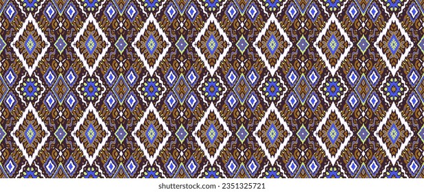 Ikat geometric folklore ornament with diamonds. Tribal ethnic vector texture. Seamless striped pattern in Aztec style. Folk embroidery. Indian, Scandinavian, Gypsy, Mexican, African rug.