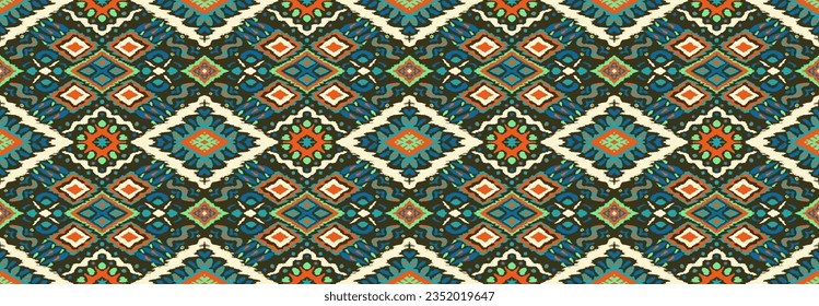 Ikat geometric folklore ornament with diamonds. Tribal ethnic vector texture. Seamless striped pattern in Aztec style. Folk embroidery. Indian, Scandinavian, Gypsy, Mexican, African rug.
