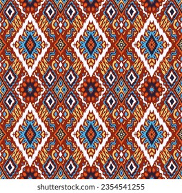 Ikat geometric folklore ornament with diamonds. Tribal ethnic vector texture. Seamless striped pattern in Aztec style. Folk embroidery. Indian, Scandinavian, Gypsy, Mexican, African rug.