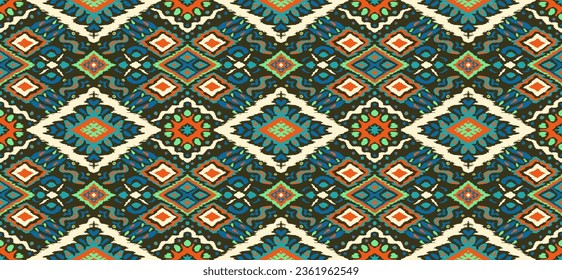 Ikat geometric folklore ornament with diamonds. Tribal ethnic vector texture. Seamless striped pattern in Aztec style. Folk embroidery. Indian, Scandinavian, Gypsy, Mexican, African rug.