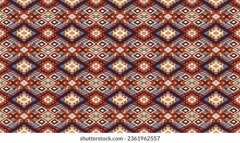 Ikat geometric folklore ornament with diamonds. Tribal ethnic vector texture. Seamless striped pattern in Aztec style. Folk embroidery. Indian, Scandinavian, Gypsy, Mexican, African rug.