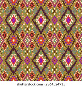 Ikat geometric folklore ornament with diamonds. Tribal ethnic vector texture. Seamless striped pattern in Aztec style. Folk embroidery. Indian, Scandinavian, Gypsy, Mexican, African rug.
