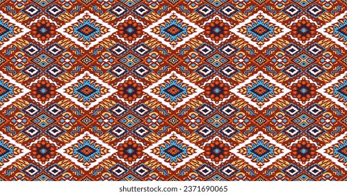 Ikat geometric folklore ornament with diamonds. Tribal ethnic vector texture. Seamless striped pattern in Aztec style. Folk embroidery. Indian, Scandinavian, Gypsy, Mexican, African rug.