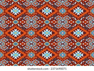Ikat geometric folklore ornament with diamonds. Tribal ethnic vector texture. Seamless striped pattern in Aztec style. Folk embroidery. Indian, Scandinavian, Gypsy, Mexican, African rug.