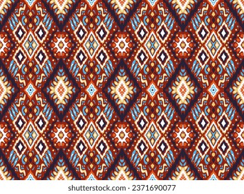 Ikat geometric folklore ornament with diamonds. Tribal ethnic vector texture. Seamless striped pattern in Aztec style. Folk embroidery. Indian, Scandinavian, Gypsy, Mexican, African rug.