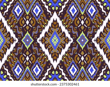 Ikat geometric folklore ornament with diamonds. Seamless striped pattern in Aztec style. Folk embroidery. Indian, Scandinavian, Gypsy, Mexican, African rug. Hand drawn, not AI
