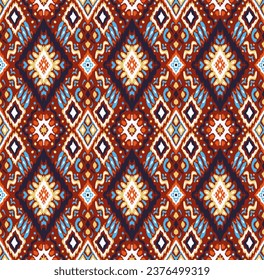 Ikat geometric folklore ornament with diamonds. Tribal ethnic vector texture. Seamless striped pattern in Aztec style. Folk embroidery. Indian, Scandinavian, Gypsy, Mexican, African rug.