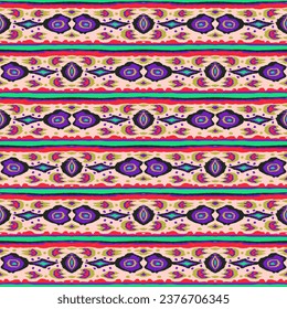 Ikat geometric folklore ornament with diamonds. Tribal ethnic vector texture. Seamless striped pattern in Aztec style. Folk embroidery. Indian, Scandinavian, Gypsy, Mexican, African rug.