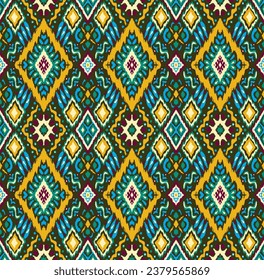 Ikat geometric folklore ornament with diamonds. Tribal ethnic vector texture. Seamless striped pattern in Aztec style. Folk embroidery. Indian, Scandinavian, Gypsy, Mexican, African rug.