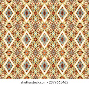 Ikat geometric folklore ornament with diamonds. Tribal ethnic vector texture. Seamless striped pattern in Aztec style. Folk embroidery. Indian, Scandinavian, Gypsy, Mexican, African rug.