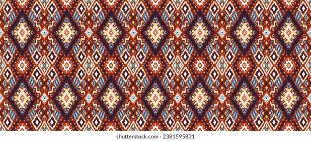 Ikat geometric folklore ornament with diamonds. Tribal ethnic vector texture. Seamless striped pattern in Aztec style. Folk embroidery. Indian, Scandinavian, Gypsy, Mexican, African rug.