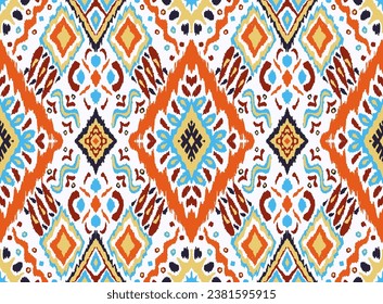 Ikat geometric folklore ornament with diamonds. Tribal ethnic vector texture. Seamless striped pattern in Aztec style. Folk embroidery. Indian, Scandinavian, Gypsy, Mexican, African rug.