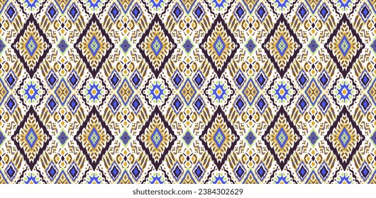 Ikat geometric folklore ornament with diamonds. Tribal ethnic vector texture. Seamless striped pattern in Aztec style. Folk embroidery. Indian, Scandinavian, Gypsy, Mexican, African rug.