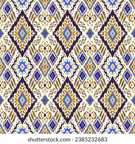 Ikat geometric folklore ornament with diamonds. Tribal ethnic vector texture. Seamless striped pattern in Aztec style. Folk embroidery. Indian, Scandinavian, Gypsy, Mexican, African rug.