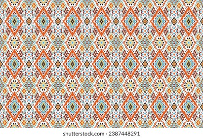 Ikat geometric folklore ornament with diamonds. Tribal ethnic vector texture. Seamless striped pattern in Aztec style. Folk embroidery. Indian, Scandinavian, Gypsy, Mexican, African rug.