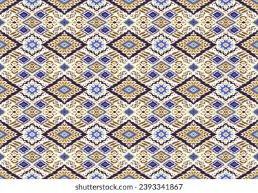 Ikat geometric folklore ornament with diamonds. Tribal ethnic vector texture. Seamless striped pattern in Aztec style. Folk embroidery. Indian, Scandinavian, Gypsy, Mexican, African rug.