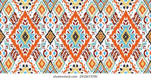 Ikat geometric folklore ornament with diamonds. Tribal ethnic vector texture. Seamless striped pattern in Aztec style. Folk embroidery. Indian, Scandinavian, Gypsy, Mexican, African rug.
