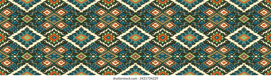 Ikat geometric folklore ornament with diamonds. Tribal ethnic vector texture. Seamless striped pattern in Aztec style. Folk embroidery. Indian, Scandinavian, Gypsy, Mexican, African rug.