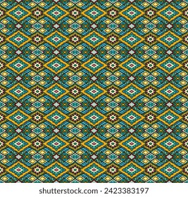 Ikat geometric folklore ornament with diamonds. Tribal ethnic vector texture. Seamless striped pattern in Aztec style. Folk embroidery. Indian, Scandinavian, Gypsy, Mexican, African rug.