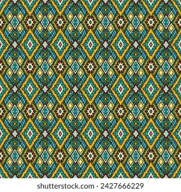 Ikat geometric folklore ornament with diamonds. Tribal ethnic vector texture. Seamless striped pattern in Aztec style. Folk embroidery. Indian, Scandinavian, Gypsy, Mexican, African rug.
