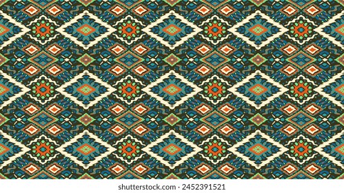 Ikat geometric folklore ornament with diamonds. Tribal ethnic vector texture. Seamless striped pattern in Aztec style. Folk embroidery. Indian, Scandinavian, Gypsy, Mexican, African rug.