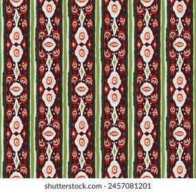 Ikat geometric folklore ornament with diamonds. Tribal ethnic vector texture. Seamless striped pattern in Aztec style. Folk embroidery. Indian, Scandinavian, Gypsy, Mexican, African rug.