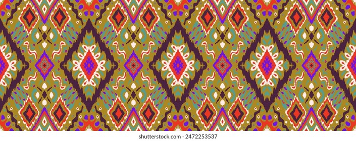 Ikat geometric folklore ornament with diamonds. Tribal ethnic vector texture. Seamless striped pattern in Aztec style. Folk embroidery. Indian, Scandinavian, Gypsy, Mexican, African rug.