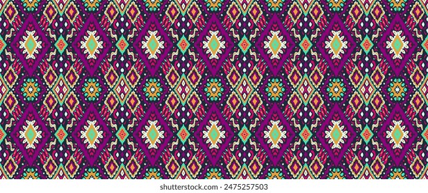 Ikat geometric folklore ornament with diamonds. Tribal ethnic vector texture. Seamless striped pattern in Aztec style. Folk embroidery. Indian, Scandinavian, Gypsy, Mexican, African rug.