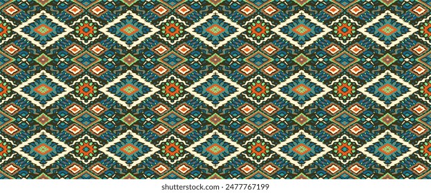 Ikat geometric folklore ornament with diamonds. Tribal ethnic vector texture. Seamless striped pattern in Aztec style. Folk embroidery. Indian, Scandinavian, Gypsy, Mexican, African rug.