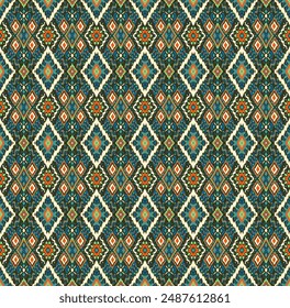 Ikat geometric folklore ornament with diamonds. Tribal ethnic vector texture. Seamless striped pattern in Aztec style. Folk embroidery. Indian, Scandinavian, Gypsy, Mexican, African rug.