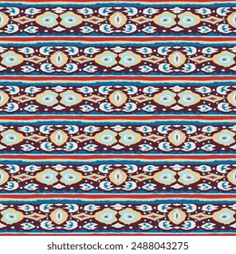 Ikat geometric folklore ornament with diamonds. Tribal ethnic vector texture. Seamless striped pattern in Aztec style. Folk embroidery. Indian, Scandinavian, Gypsy, Mexican, African rug.