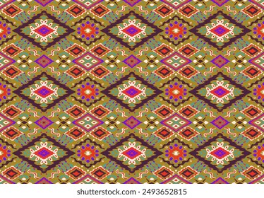 Ikat geometric folklore ornament with diamonds. Tribal ethnic vector texture. Seamless striped pattern in Aztec style. Folk embroidery. Indian, Scandinavian, Gypsy, Mexican, African rug.
