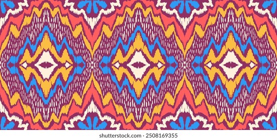 Ikat geometric folklore ornament with diamonds. Tribal ethnic vector texture. Seamless striped pattern in Aztec style. Folk embroidery. Indian, Scandinavian, Gypsy, Mexican, African rug.