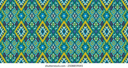 Ikat geometric folklore ornament with diamonds. Tribal ethnic vector texture. Seamless striped pattern in Aztec style. Folk embroidery. Indian, Scandinavian, Gypsy, Mexican, African rug.