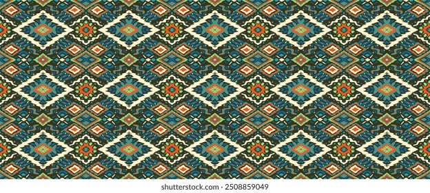 Ikat geometric folklore ornament with diamonds. Tribal ethnic vector texture. Seamless striped pattern in Aztec style. Folk embroidery. Indian, Scandinavian, Gypsy, Mexican, African rug.