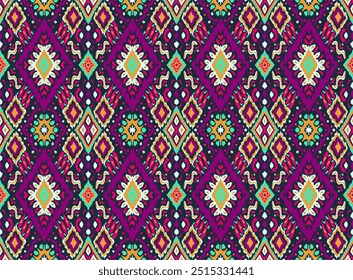 Ikat geometric folklore ornament with diamonds. Tribal ethnic vector texture. Seamless striped pattern in Aztec style. Folk embroidery. Indian, Scandinavian, Gypsy, Mexican, African rug.