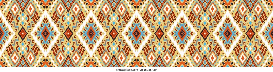 Ikat geometric folklore ornament with diamonds. Tribal ethnic vector texture. Seamless striped pattern in Aztec style. Folk embroidery. Indian, Scandinavian, Gypsy, Mexican, African rug.