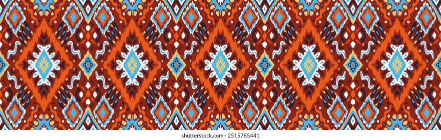 Ikat geometric folklore ornament with diamonds. Tribal ethnic vector texture. Seamless striped pattern in Aztec style. Folk embroidery. Indian, Scandinavian, Gypsy, Mexican, African rug.