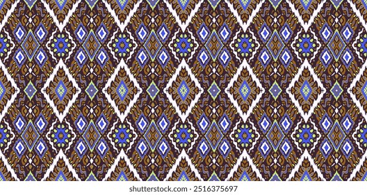 Ikat geometric folklore ornament with diamonds. Tribal ethnic vector texture. Seamless striped pattern in Aztec style. Folk embroidery. Indian, Scandinavian, Gypsy, Mexican, African rug.